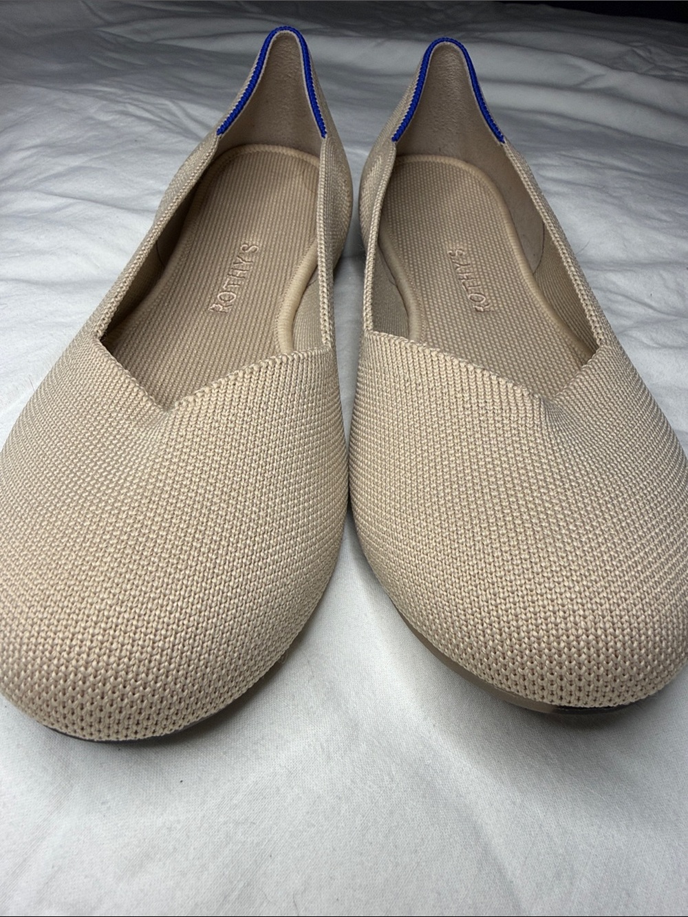 NWOT Rothy's Beige Knit Ballet Flats with Blue Trim